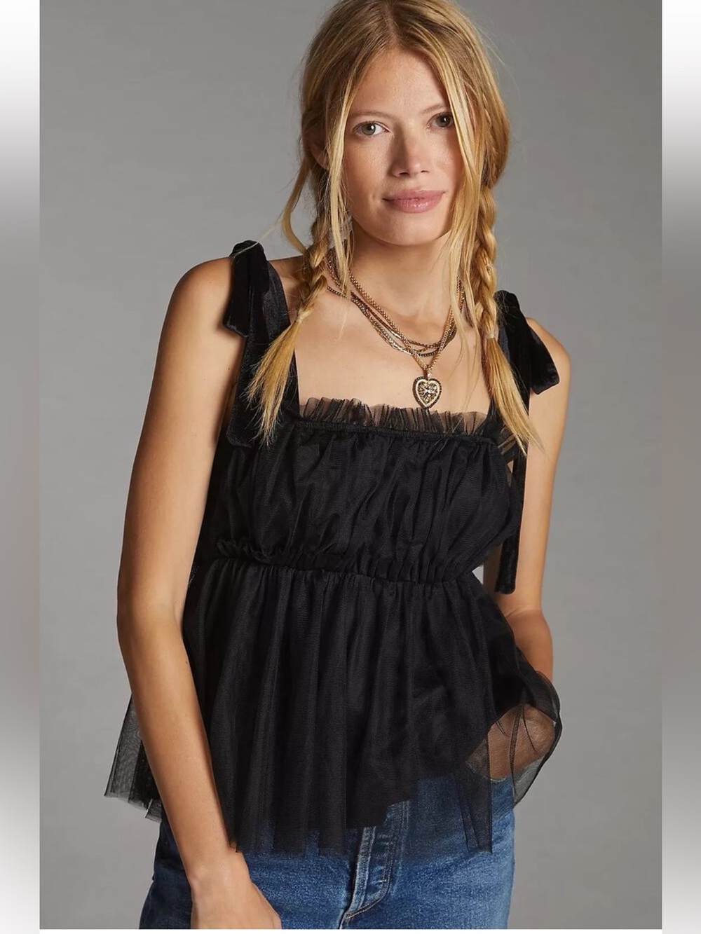 Sunday In Brooklyn Anthropologie Black Tulle Velvet Tie Tank Blouse Small Top
